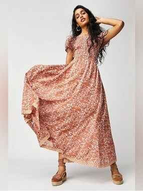 Free People Ultraviolet Maxi Dress Rust Floral Open Back Boho Size M